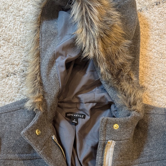 J. Crew Mercantile Gray Hooded Coat with Faux‎ Fur Trim - Picture 2 of 8